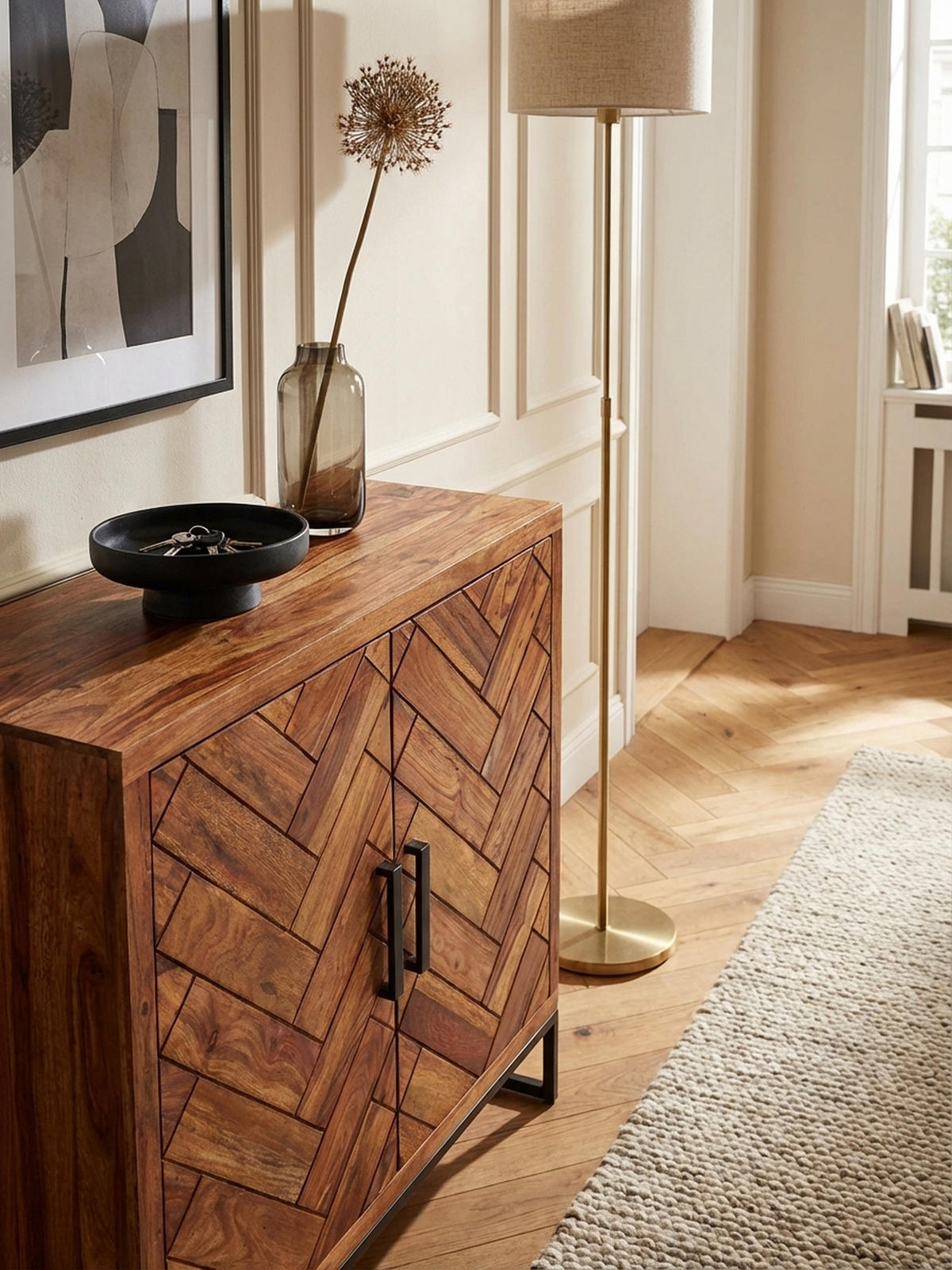 SCHUHSCHRANK – Massivholz, 100x105x40 cm, Fischgrätmuster, große Ablage - Schwarz/Braun, Holz/Metall (100/105/40cm) - KADIMA DESIGN