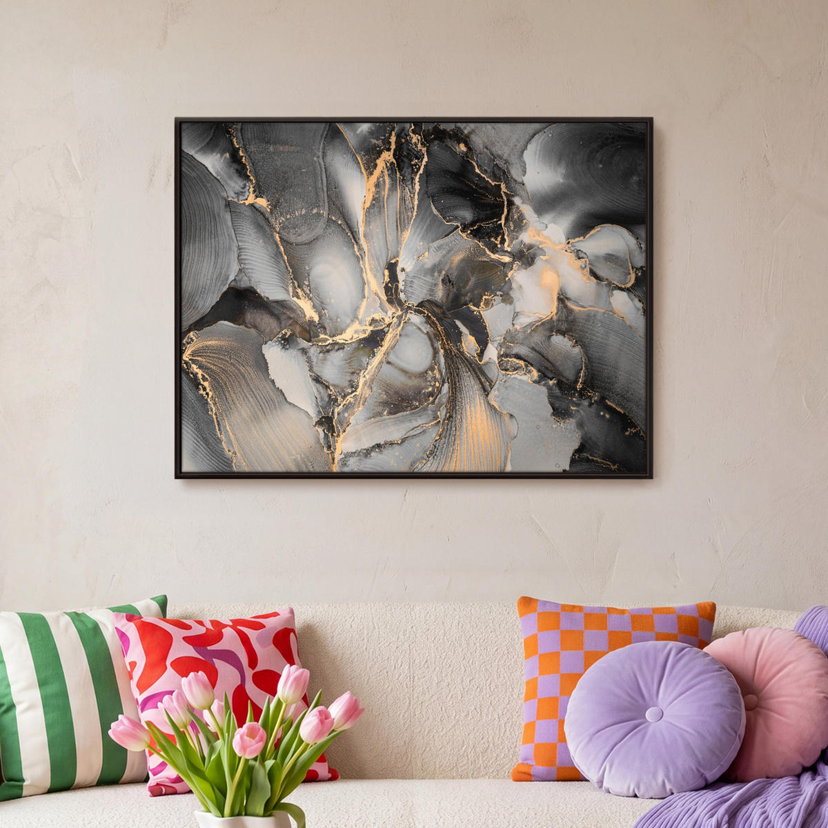 LEINWAND Bilder mit Rahmen - Grau - Luxus - Gold - Marmor - 70x50 - Dunkelgrau, Textil (70/50cm) - MuchoWow