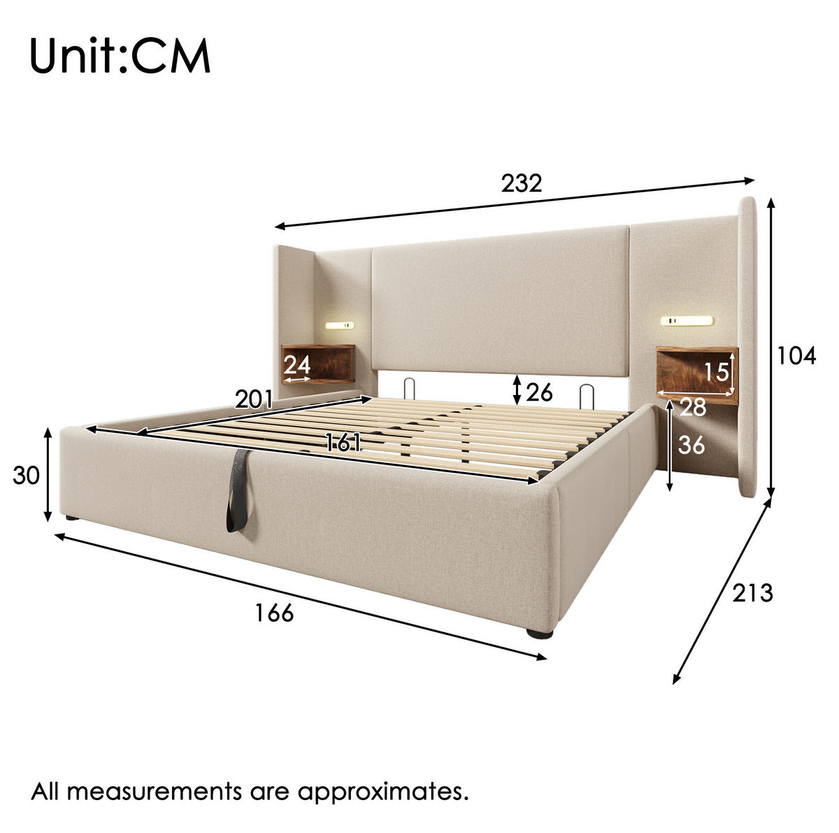 POLSTERBETT aus Leinen 160x200 cm Beige mit Bettkasten, Leselampe, USB- und Type-C-Anschlüssen inkl. Matratze - Beige, Textil (160/200cm) - IVMEU