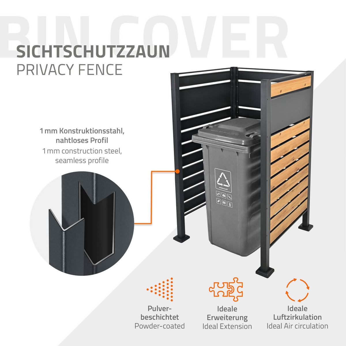 MÜLLTONNENZAUN 1er Anthrazit-Holzoptik - Multicolor, Metall (11/150/86cm) - ML-DESIGN