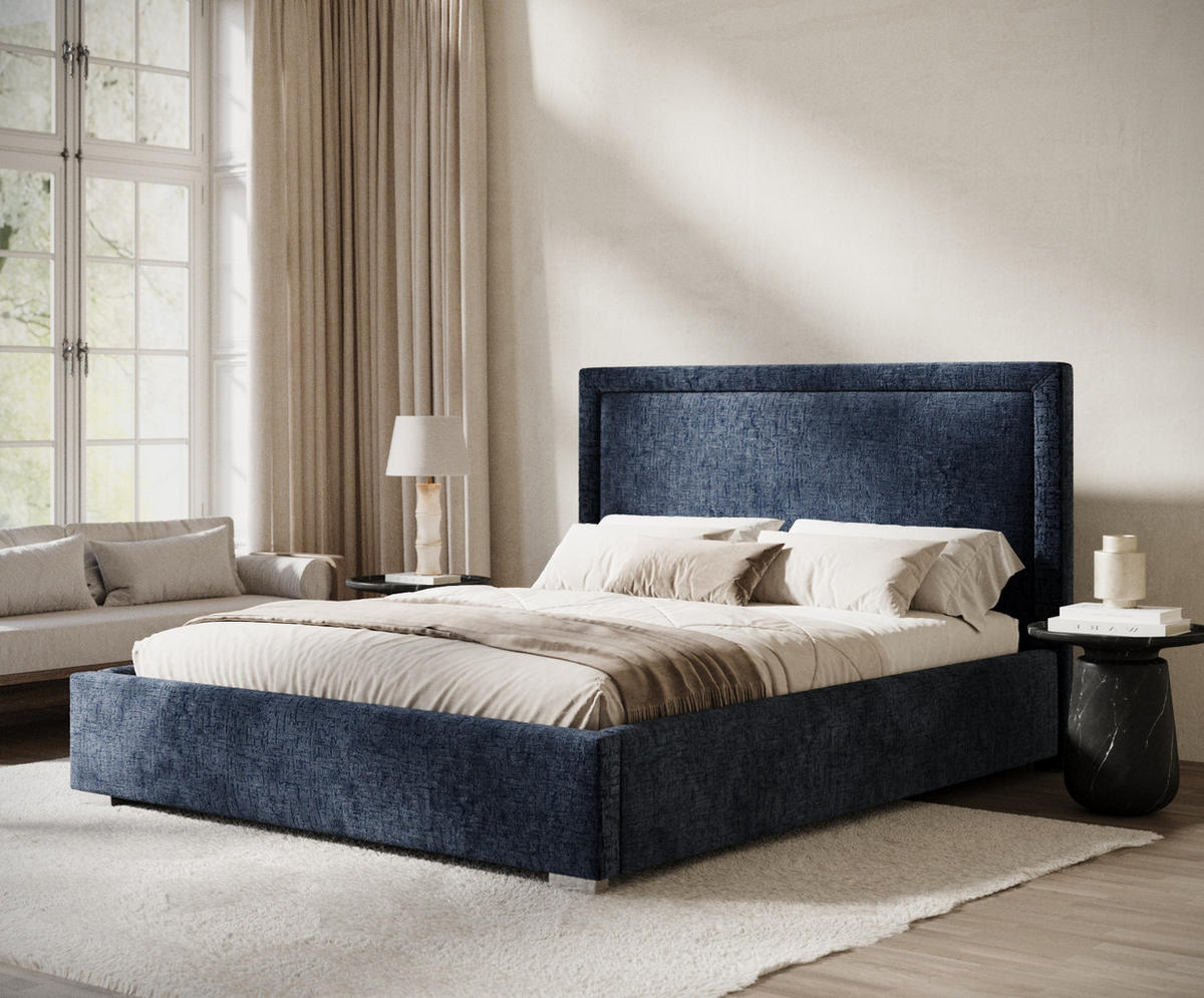 POLSTERBETT Ordina Marineblau 160/200 cm im Chenille-Stoff - Silberfarben/Naturfarben, Holz/Holzwerkstoff (160/200cm) - Maison de Reve