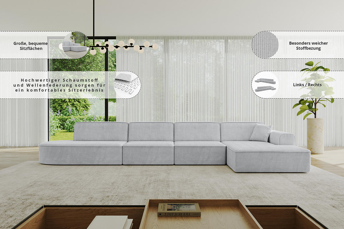 ECKSOFA Ottomane Rechts IREA-L3-v3 - 403x165x76 cm Bordeauxrot - Bordeaux, Holzwerkstoff/Textil (403/165cm) - ALTDECOR