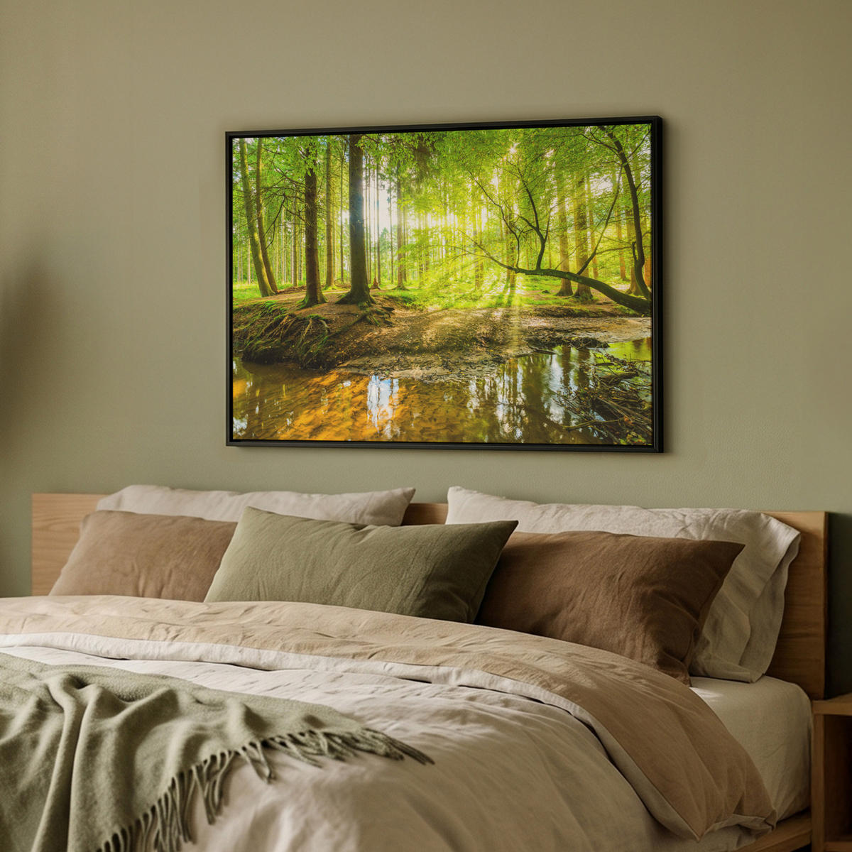LEINWAND Bilder mit Rahmen - Wald - Landschaft - Wasser - Bäume - Sonne - Grün - Natur - 70x50 - Grün, Textil (70/50cm) - MuchoWow