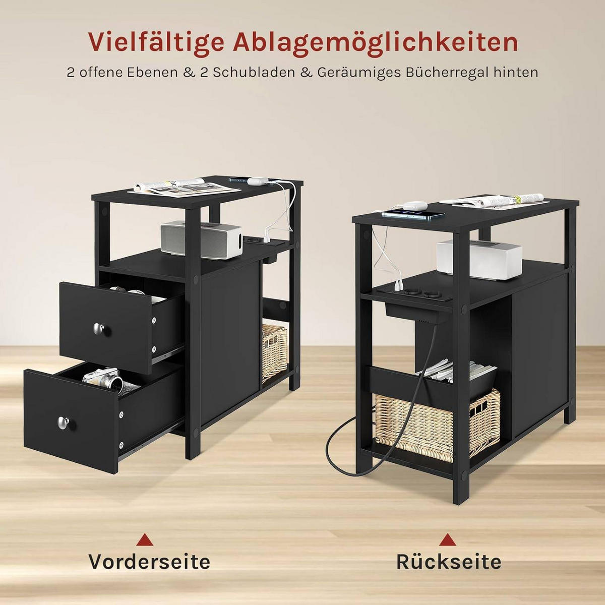 BEISTELLTISCH mit Steckdose, 60x60x30 cm - Schwarz, Holzwerkstoff (30/60/60cm) - Woltu