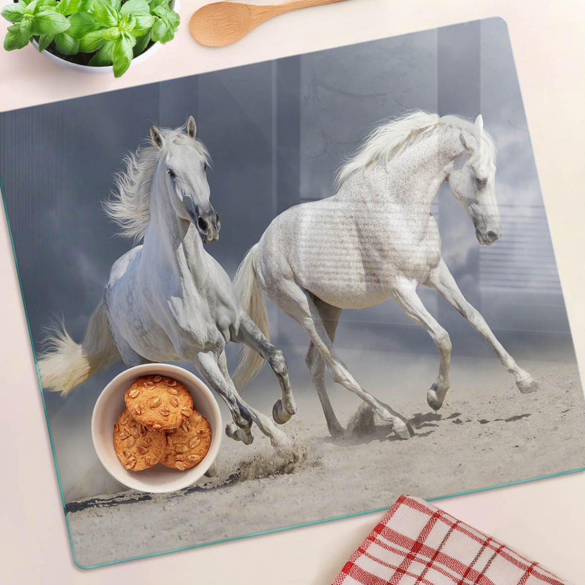 GLASPLATTE 60x52 cm Strandpferde - Creme, Glas (60/52cm) - TULUP