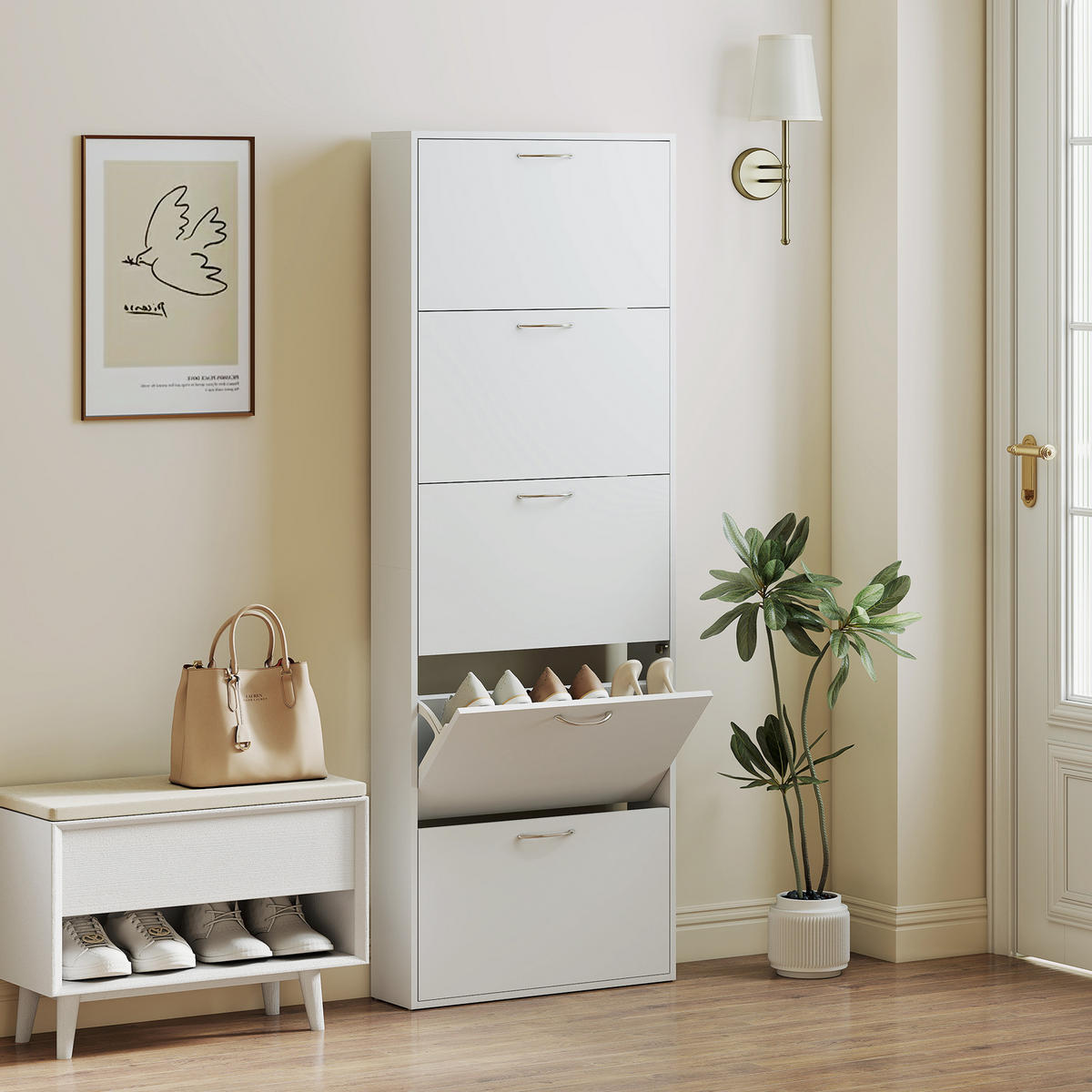 SCHUHSCHRANK Weiß 65/17/180,5 cm - Weiß, Holzwerkstoff (65/180.5/17cm) - PANGIVO