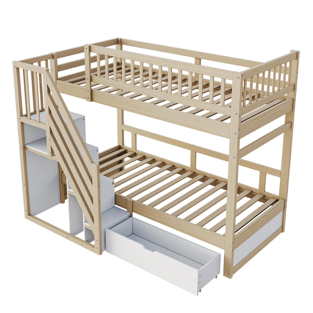 ETAGENBETT 90/200 cm aus Massivholz mit Stauraumtreppe und Schublade Naturfarben/Weiß - Naturfarben, Holz (90/200cm) - Modenvie