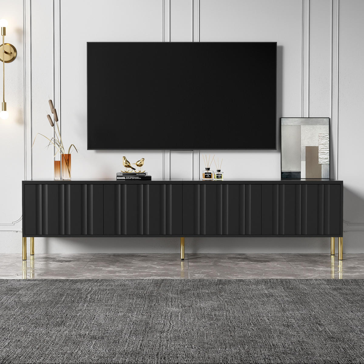 TV Lowboard 190x38x48 cm, goldene Füße, Rillenfront, Schwarz - Schwarz, Holz (190/48/38cm)