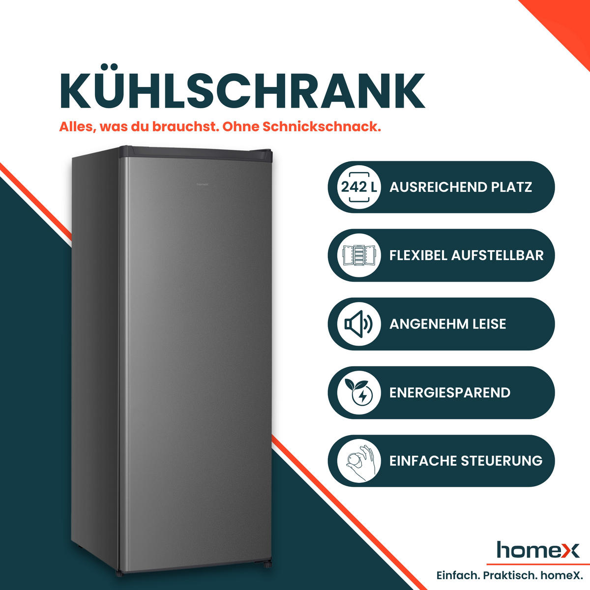 KÜHLSCHRANK ohne Gefrierfach groß - 242 Liter, freistehend, leise, silber - Silberfarben, Glas/Kunststoff (54.4/142.6/55.6cm) - homeX