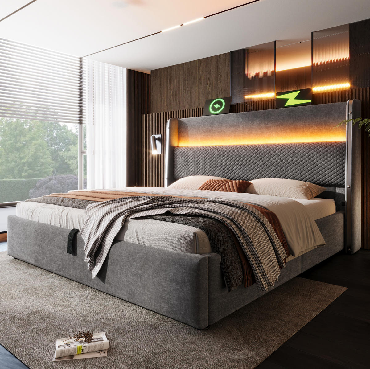 ČALÚNENÁ posteľ z ľanu 140/200 cm sivá s LED osvetlením a úložným priestorom - sivá, textil (140/200cm) - BEAOK