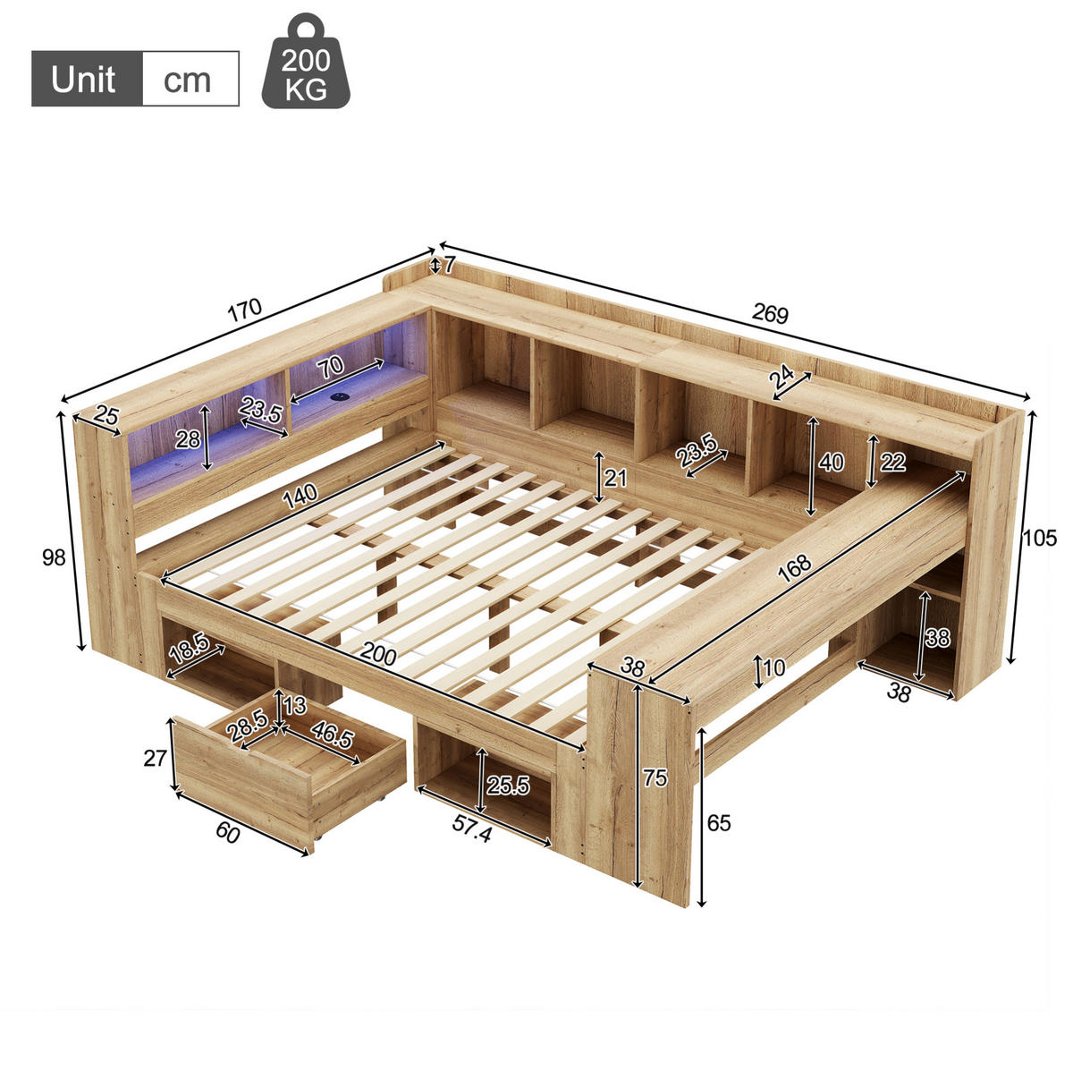 KINDERBETT 140/200 cm mit LED-Beleuchtung, USB- und Type-C-Anschluss, Schreibtisch und Stauraum, MDF, Natur - Naturfarben, Holzwerkstoff (140/200cm) - Redom