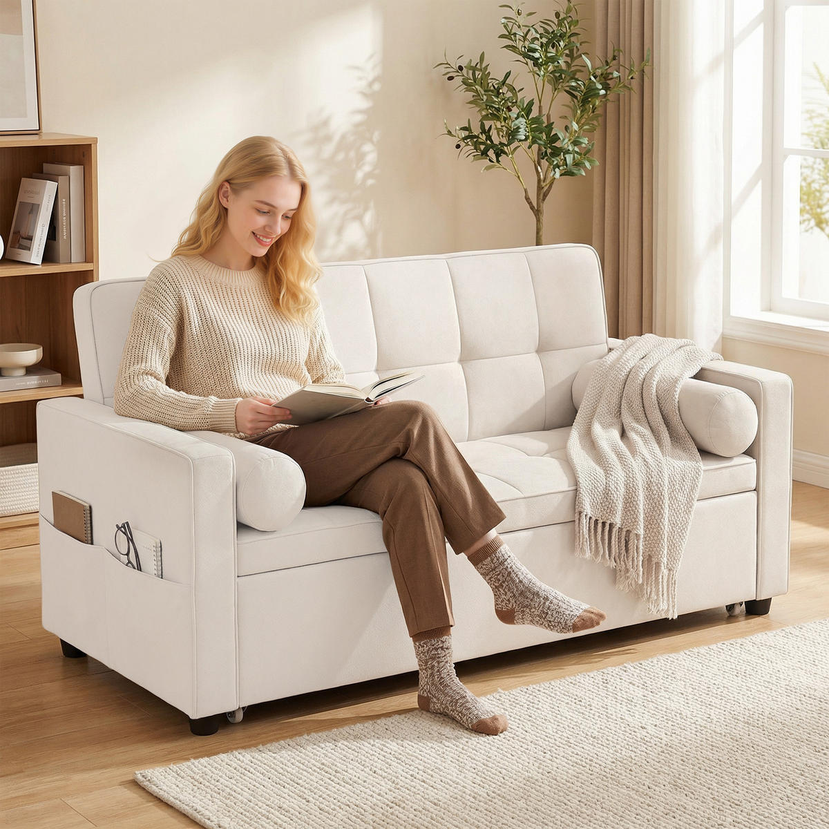 SCHLAFSOFA 2-Sitzer DE-14660 3-in-1 & 7-fach verstellbar Beige - Beige, Metall (137.5/84/80.5cm) - ComfortXL