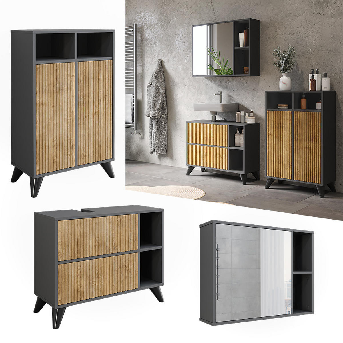 BADMÖBEL-SET Leano Anthrazit/Bergeiche 80 cm, Set 2 - Eichefarben/Anthrazit, Holzwerkstoff (80/62/30cm) - Vicco