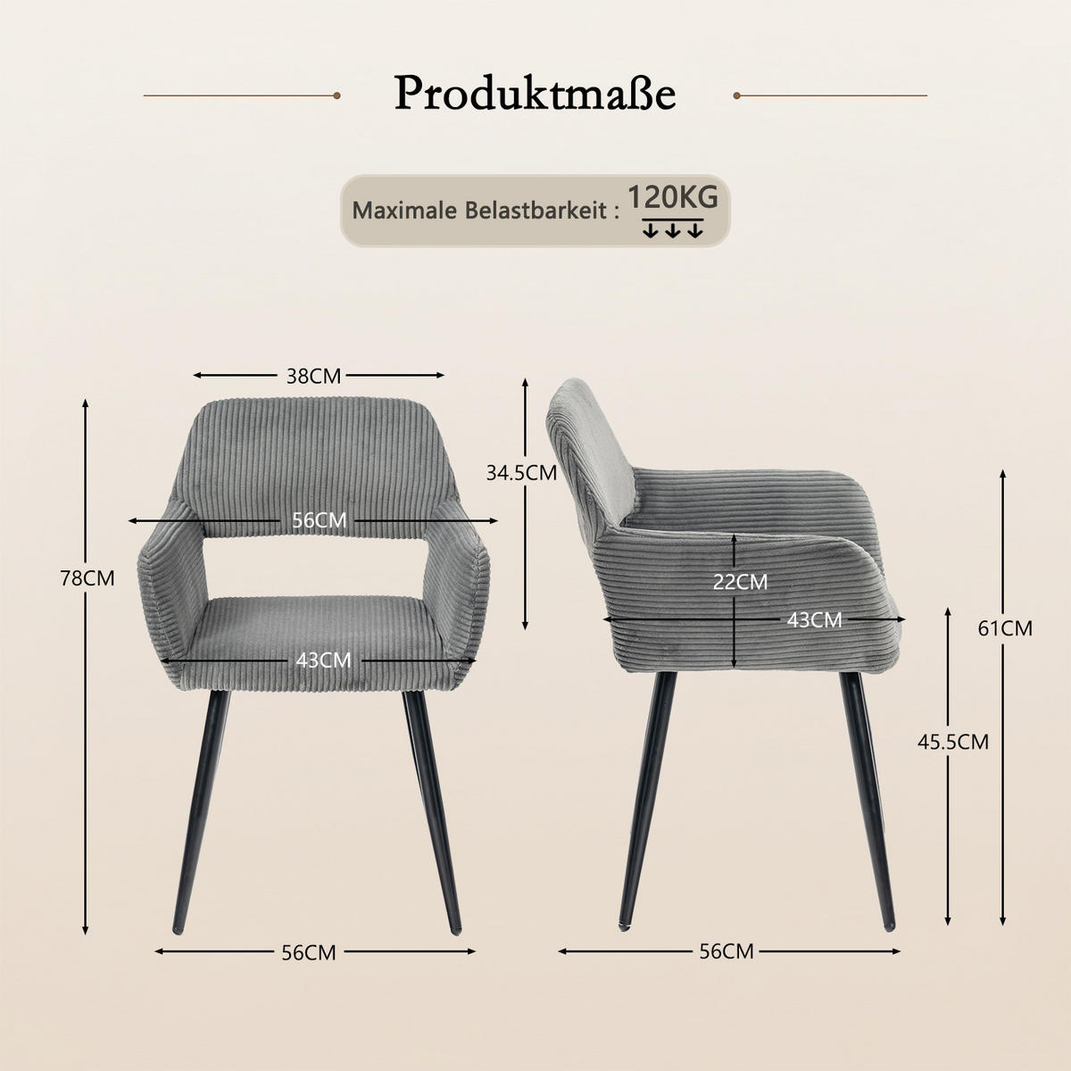 ESSZIMMERSTÜHLE 2er-Set, gepolstert, Cordbezug, Metallbeine, Grau - Grau, Textil (56/78/56cm) - Meubles Cosy
