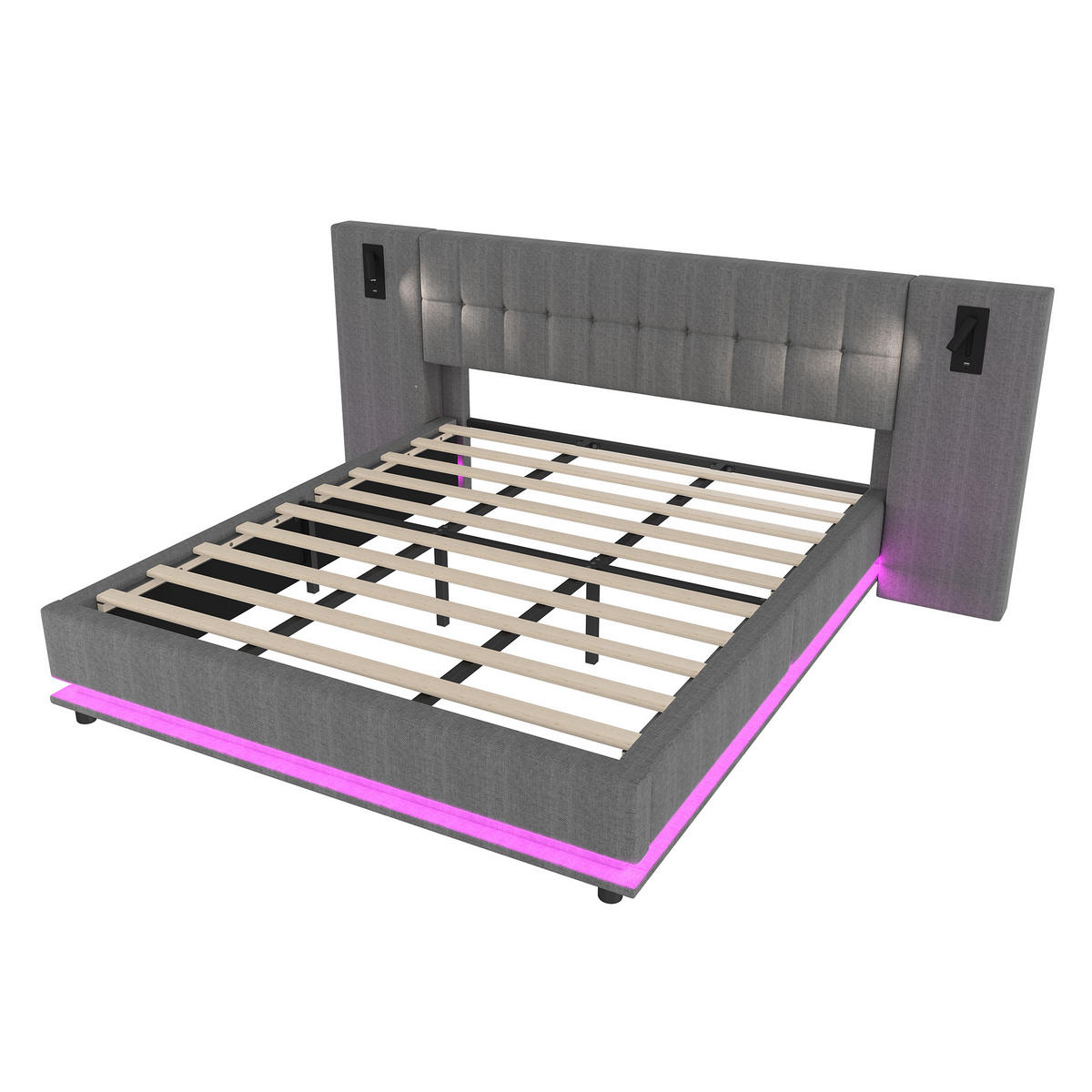 POLSTERBETT 180/200 cm Grau mit LED-Beleuchtung und USB-Anschluss aus Leinen - Grau, Textil (180/200cm) - OKWISH