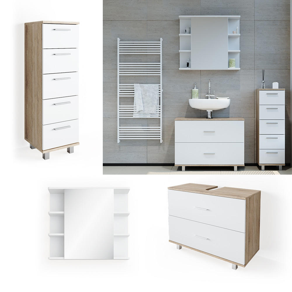 BADMÖBEL-SET Ilias Weiß/Sonoma 3 Teile, mit Unterschrank 80 cm - Weiß/Sonoma Eiche, Holzwerkstoff (80/60/33cm) - Vicco