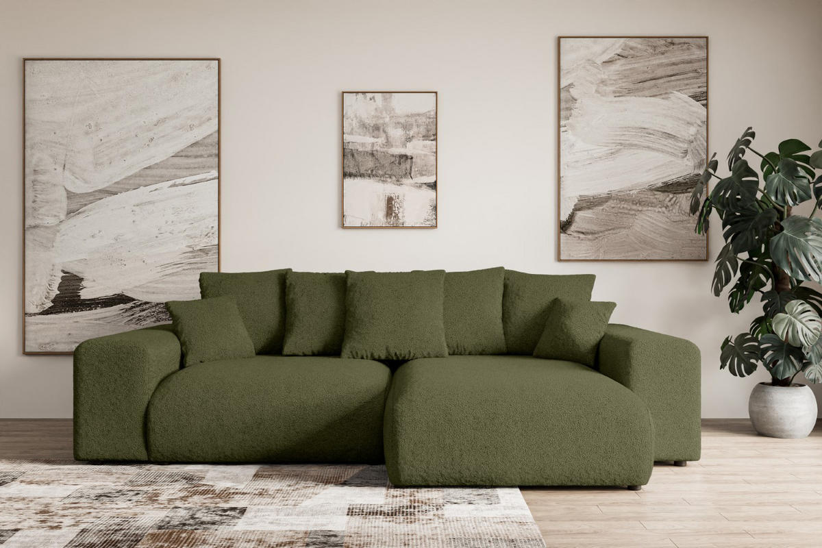 ECKSOFA Ottomane rechts ESKAR-L 266x176x84 Olivgrün Bouclé - Schwarz/Olivgrün, Holzwerkstoff/Kunststoff (176/266cm) - ALTDECOR