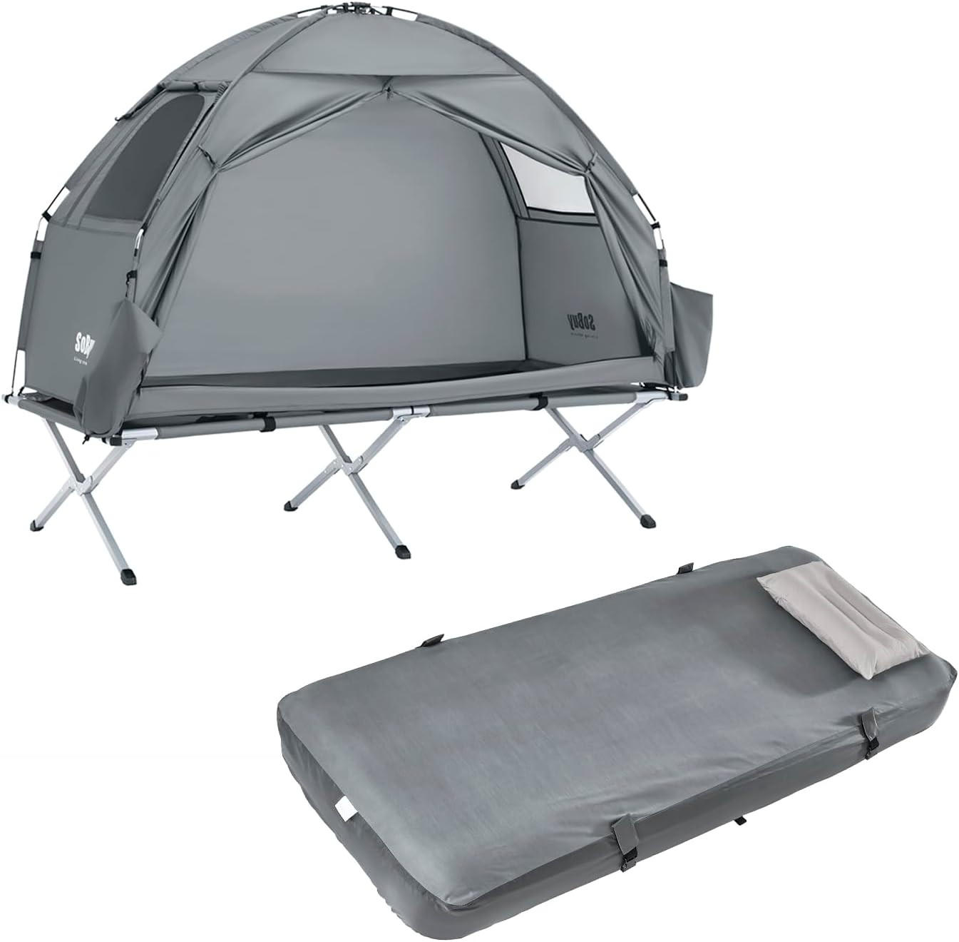 CAMPINGBETT mit Zelt und aufblasbarer Matratze OGS32-II-HG-TP - Ahornfarben, Fell (193.5/86cm) - SoBuy