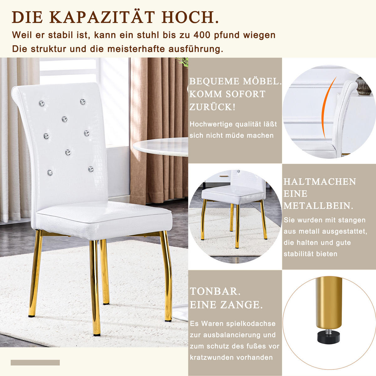 STUHL-SET DE-36774 4 Stück mit Krokodil-Prägung und vergoldeten Metallbeinen Schwarz - Weiß, Metall (42/101/61.5cm) - ComfortXL