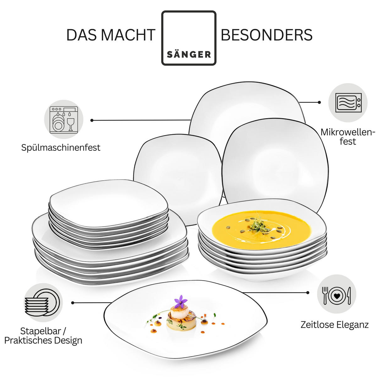 SÄNGER Porzellan Tafelservice Bilgola Black Rim 36 teilig für 12 Personen - Weiß, Keramik (25/2.5/25cm) - Sänger