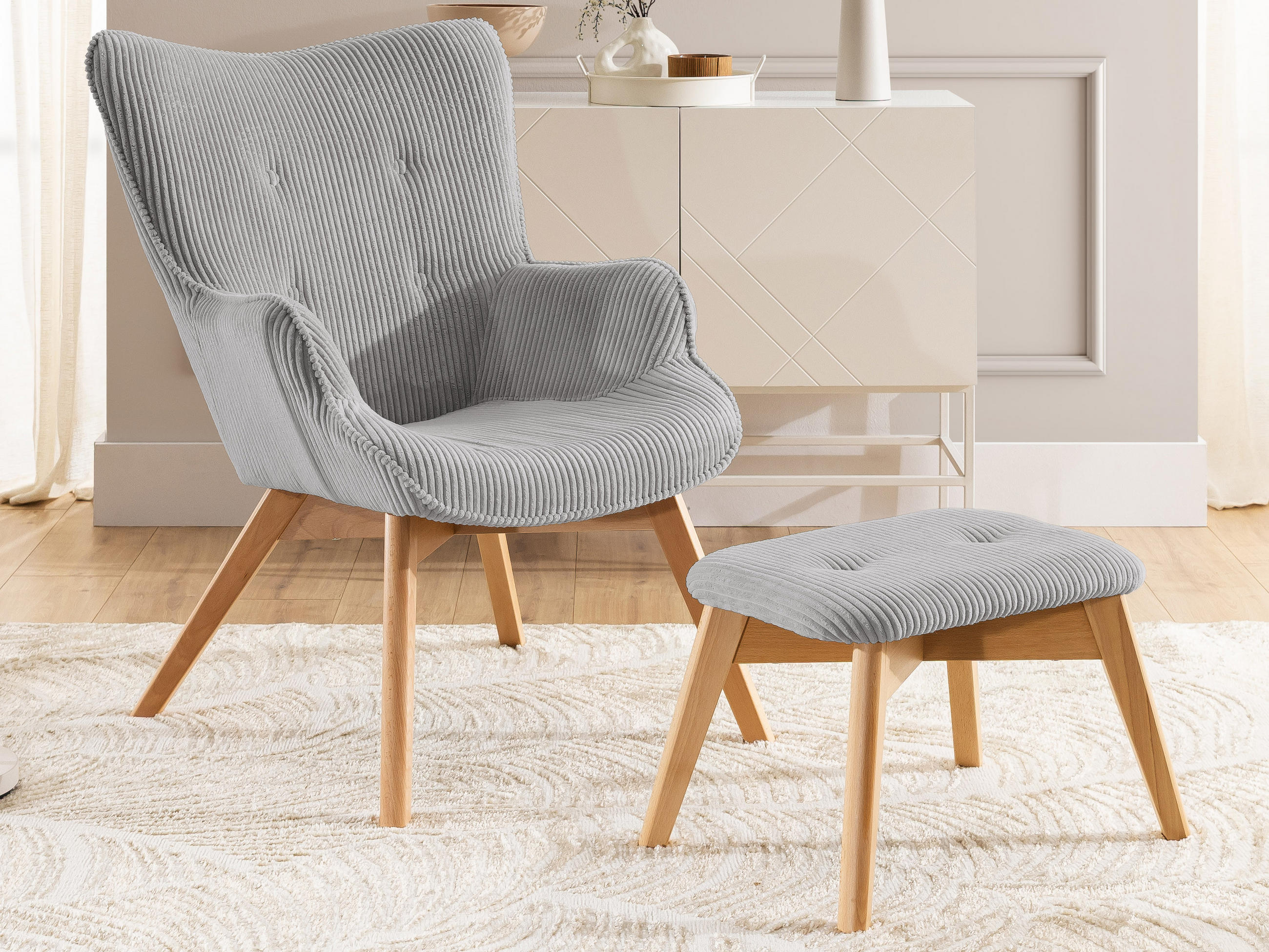 LOUNGESESSEL mit Fußhocker Lenari Hellgrau Cordstoff mit Füßen in Natur - Hellgrau/Naturfarben, Holz/Textil (71/96/86cm) - S-Style Möbel