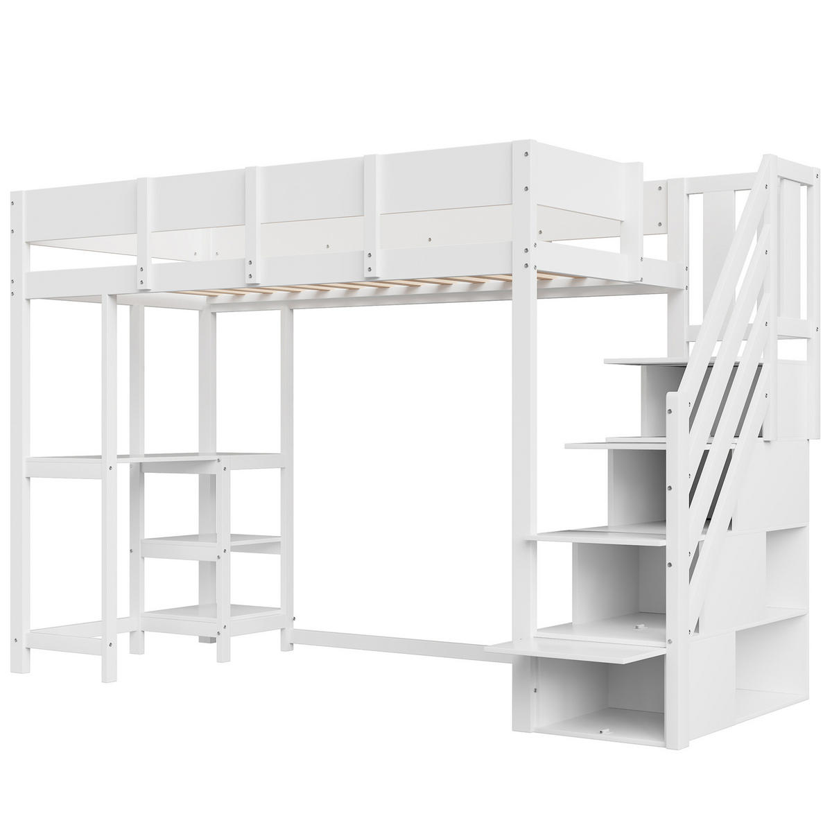 HOCHBETT 90/200 cm aus massivem Kiefernholz mit Stauraum und Ablage mit Matratze - Weiß, Holzwerkstoff (90/200cm) - OKWISH