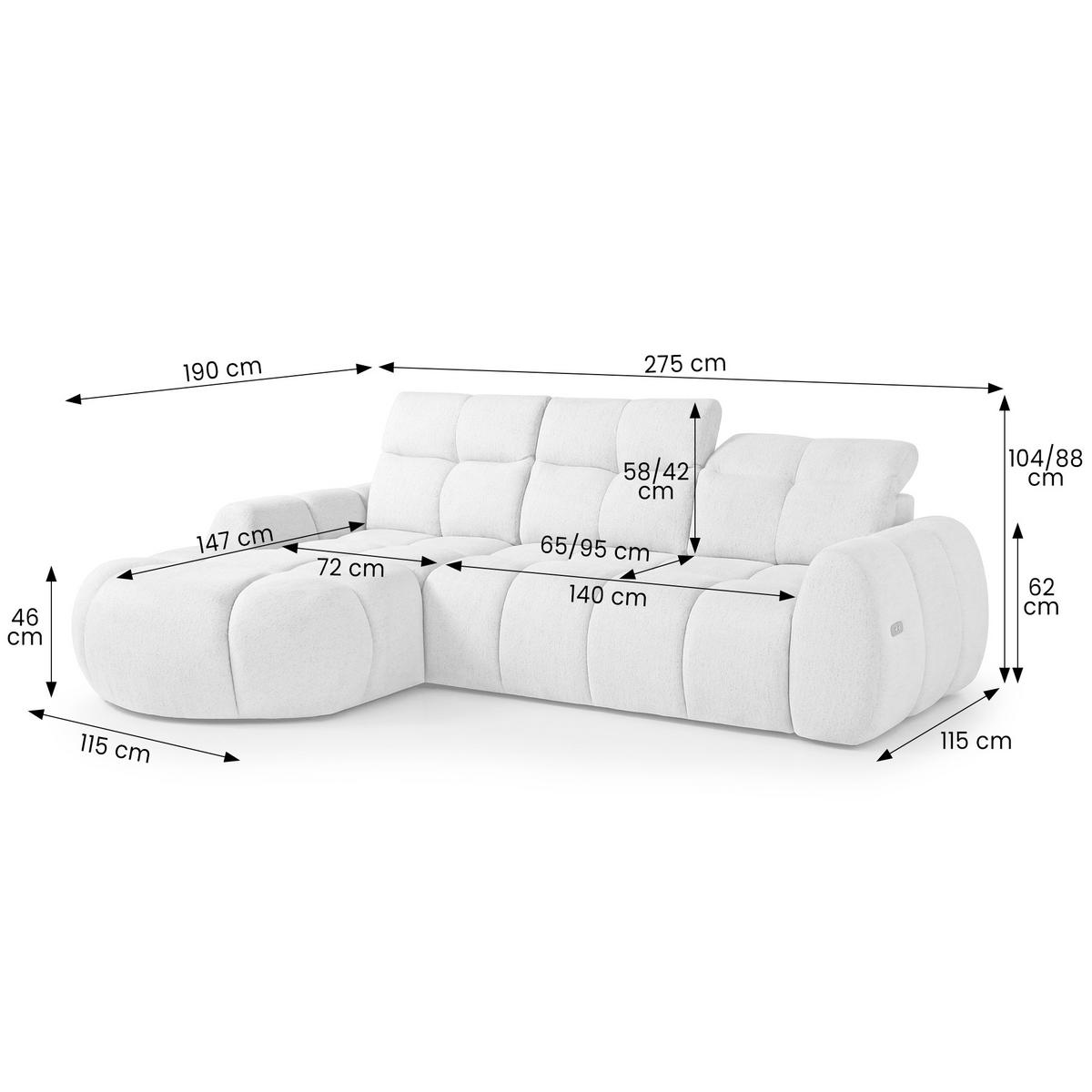 ECKSOFA Sorel Mini mit Automatisch verstellbarer Sitztiefe und Kopfstützen, links, Dunkielgrau - Dunkelgrau, Textil (190/275cm) - Beautysofa