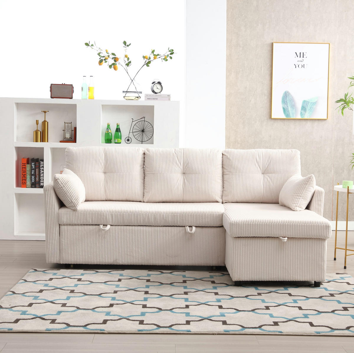 ECKSCHLAFSOFA Cord mit Stauraum und umbaubarer Ottomane Beige 206/108/66 cm - Beige, Textil (108/206cm) - Redom