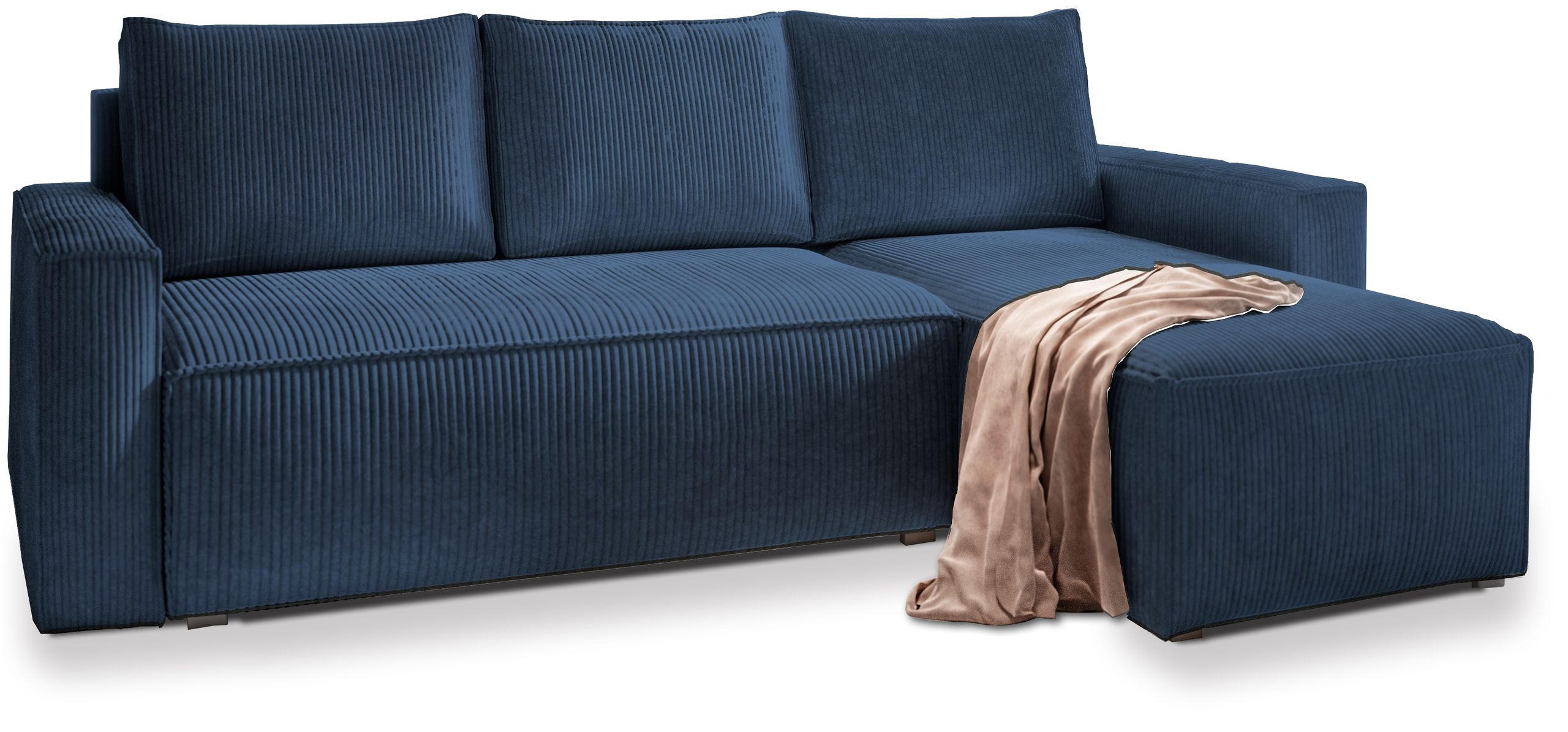 ECKSOFA POTARO Blau Kordstoff mit Schlaffunktion - Blau, Holz (232/140cm) - MASSENO