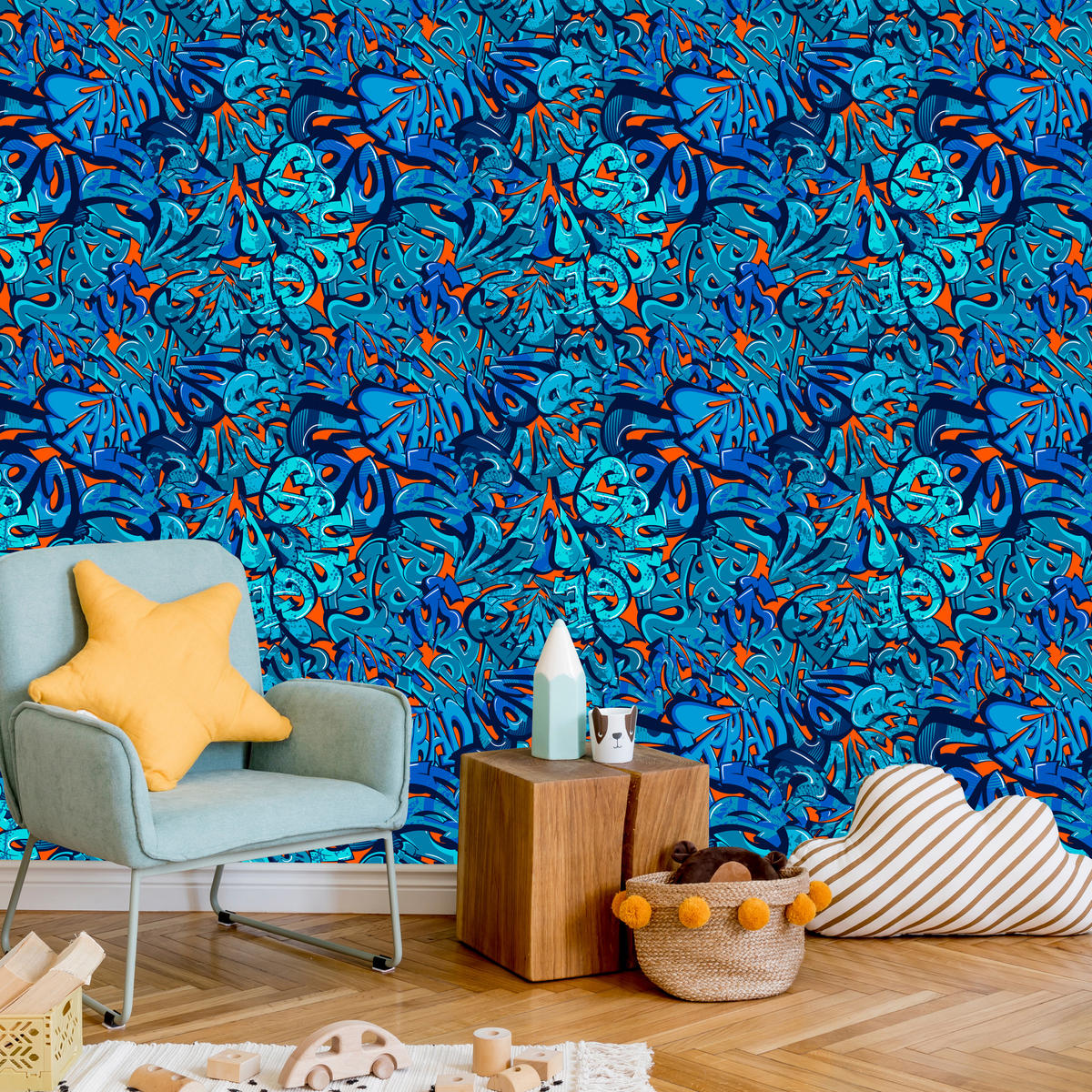 VLIESTAPETE Modernes Graffiti – Blau, Orange – 50x1000 cm - Blau/Orange, Papier (50/1000cm) - Muralo