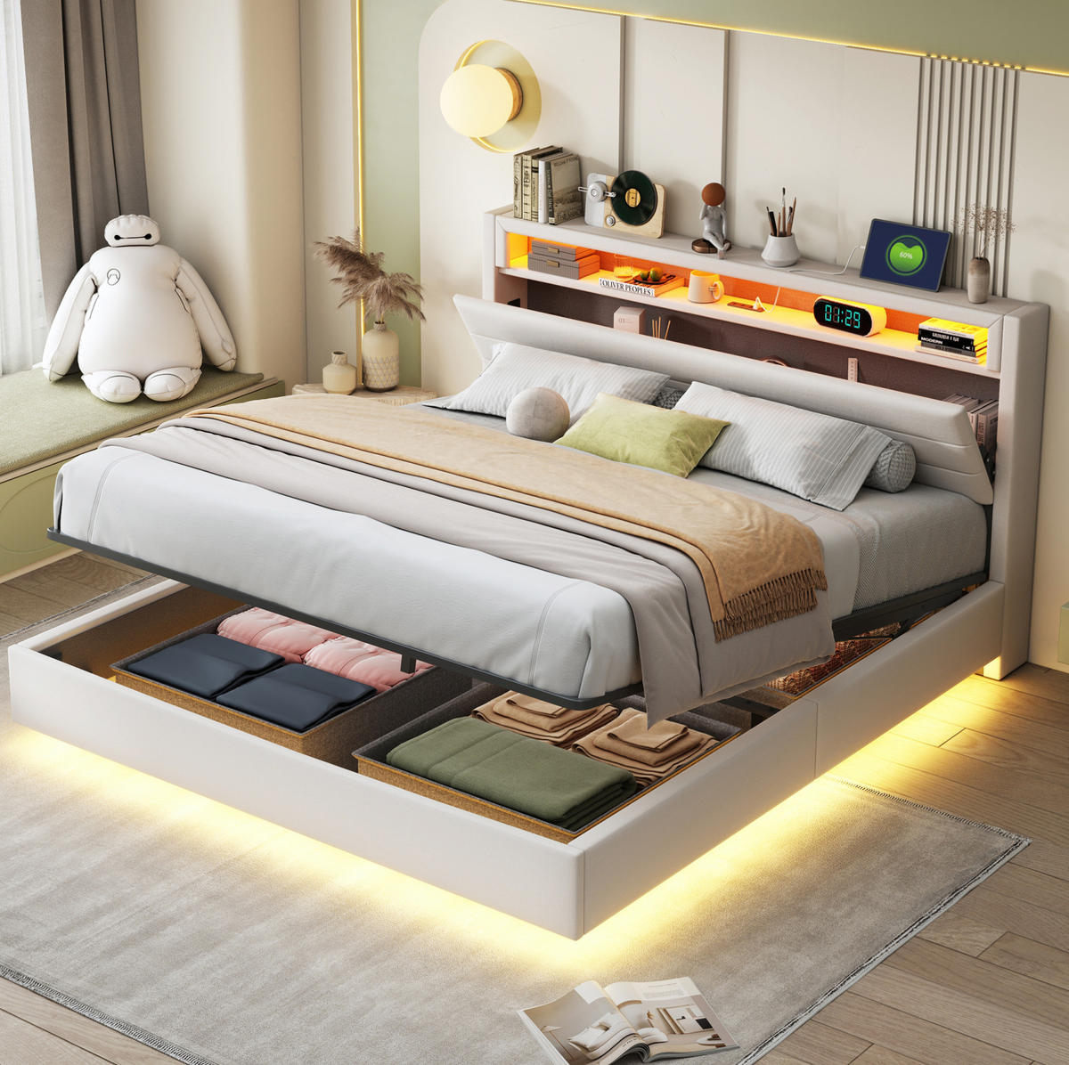 BETT mit Stauraum und LED 160x200 cm Beige - Beige, Metall (160/200cm) - Meubliv