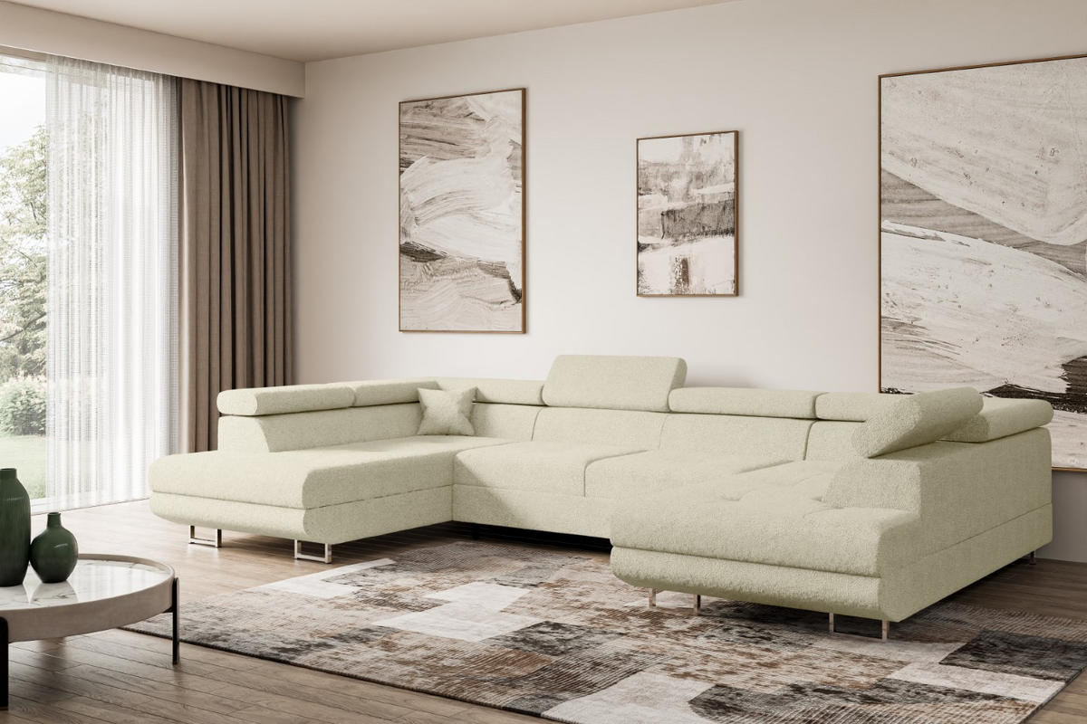 WOHNLANDSCHAFT mit Schlaffunktion und Bettkasten GUSA-U 342x202x107 cm Beige Bouclé - Beige/Silberfarben, Holzwerkstoff/Textil (342/107/202cm) - ALTDECOR