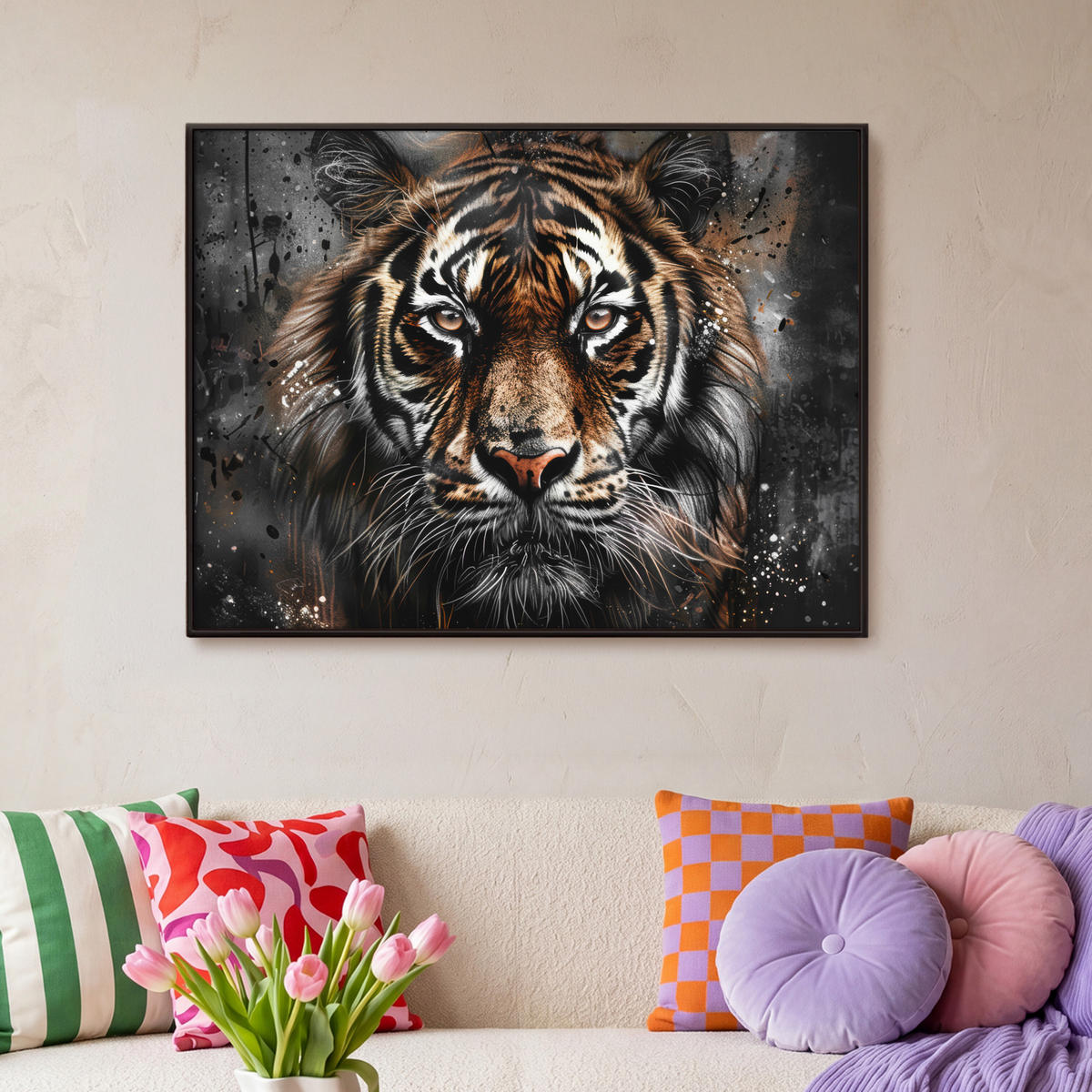 LEINWAND Bilder mit Rahmen - Tiger - Tiere - Porträt - Luxus - Schwarz - 100x70 - Braun, Textil (100/70cm) - MuchoWow