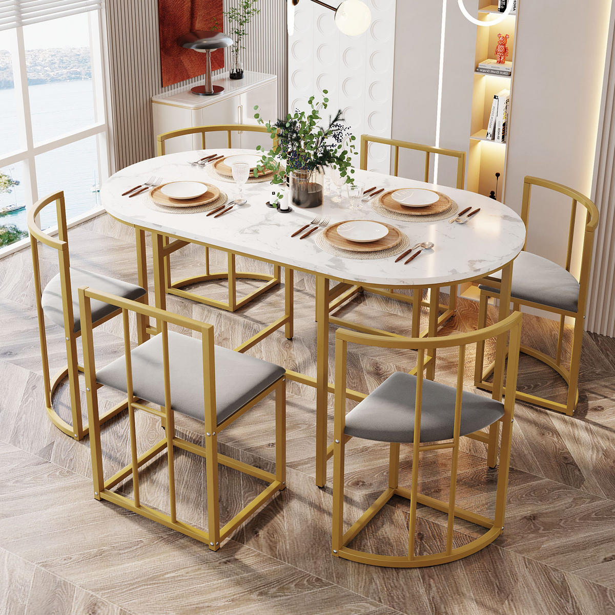 JÍDELNÍ sestava pro 6 osob bílá z MDF se zlatým kovovým rámem a židlemi s opěrkami - bílá, kompozitní dřevo (140/76/80cm) - OKWISH