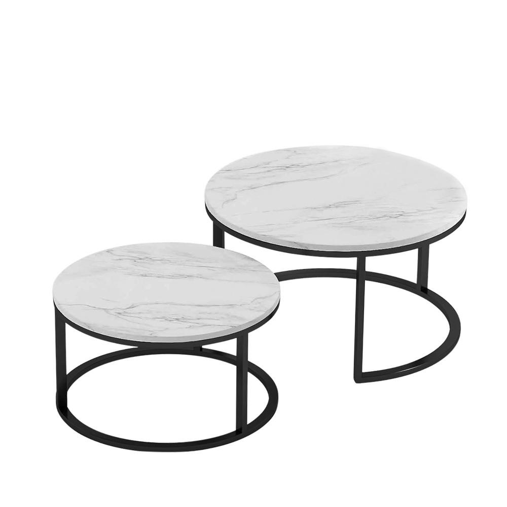 COUCHTISCH 2er-Set - Runder Beistelltisch in Marmoroptik Weiß mit Metallgestell - Schwarz - Schwarz, Holzwerkstoff (80/80/45cm) - DELFA