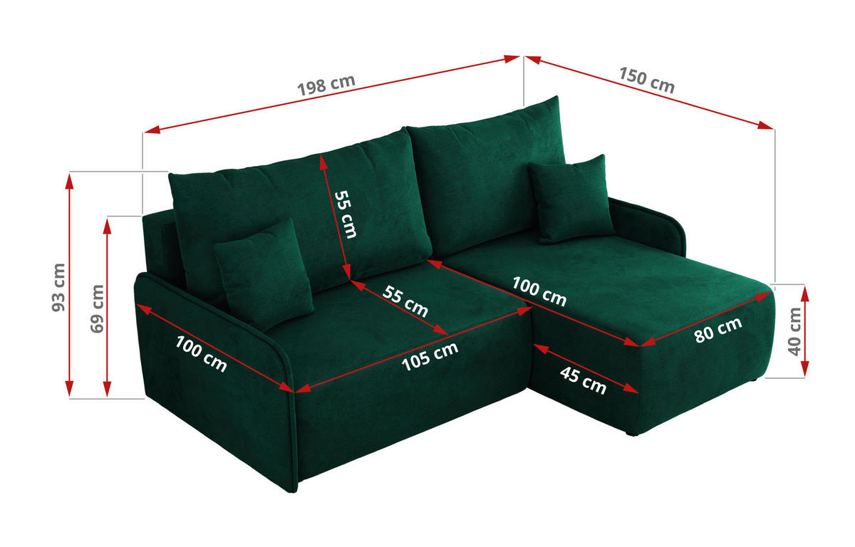 ECKSCHLAFSOFA ARPA L Dunkelgrün Velvet - links - Dunkelgrün/Schwarz, Kunststoff/Textil (198/150cm) - MKS