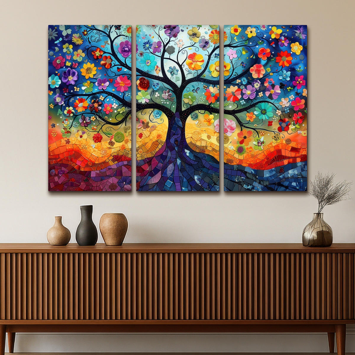 LEINWANDBILD 3er Set Bunt - Baum des Lebens - Blumen - Abstrakt 180x120 cm - Blau, Textil (180/120cm) - MuchoWow
