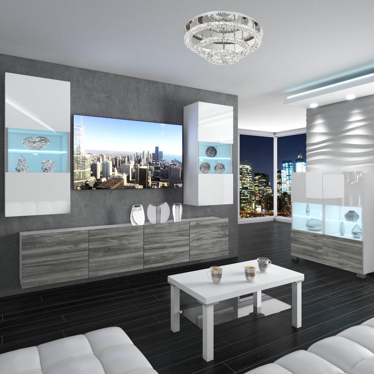 WOHNZIMMERWAND mit LED-Beleuchtung TV-Schrank Weiß/Glamourholz - Weiß/Grau, Holz (300/180/36cm) - B BELINI GROUP