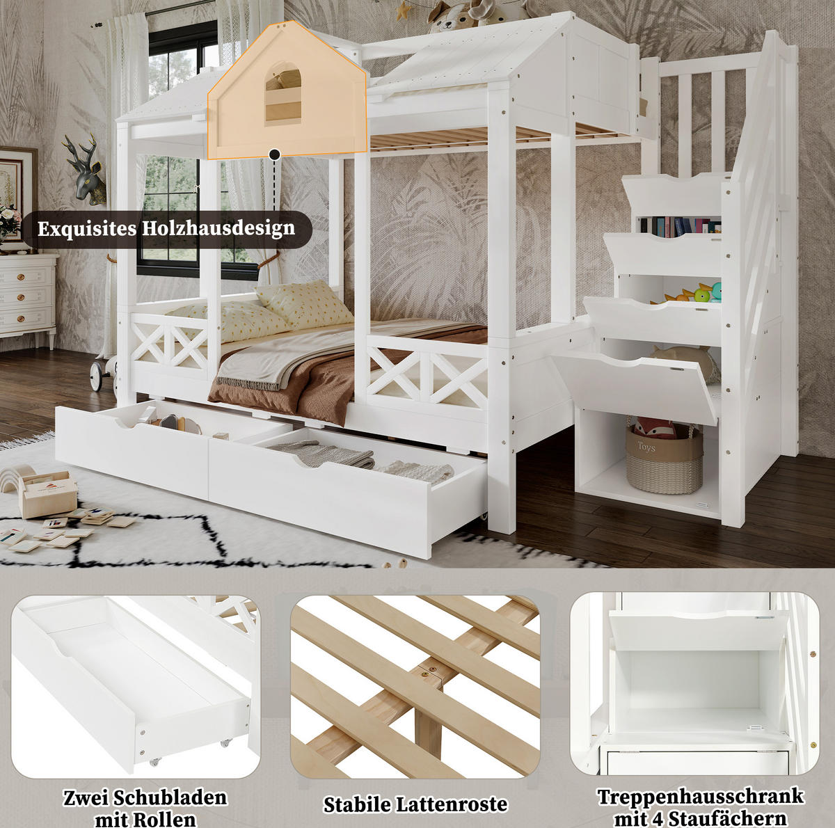 ETAGENBETT aus Kiefer/MDF 254,5x145x170 cm Weiß mit 2 Schubladen, Treppenschrank und Spielhaus-Design - Weiß, Holzwerkstoff (90/200cm) - Modfu