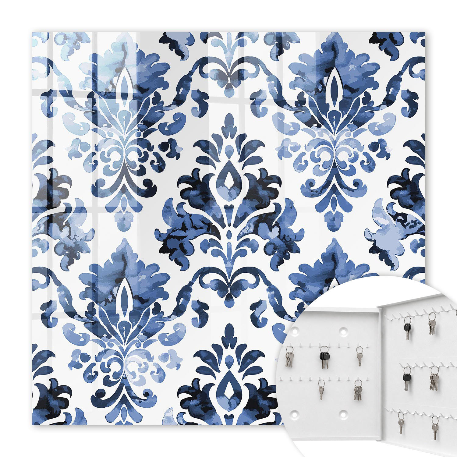 SCHLÜSSELBOX Weiß 30x30 cm – Türöffnung nach rechts - Blaue Ornamente - Blau, Metall (30/30/5cm) - TULUP