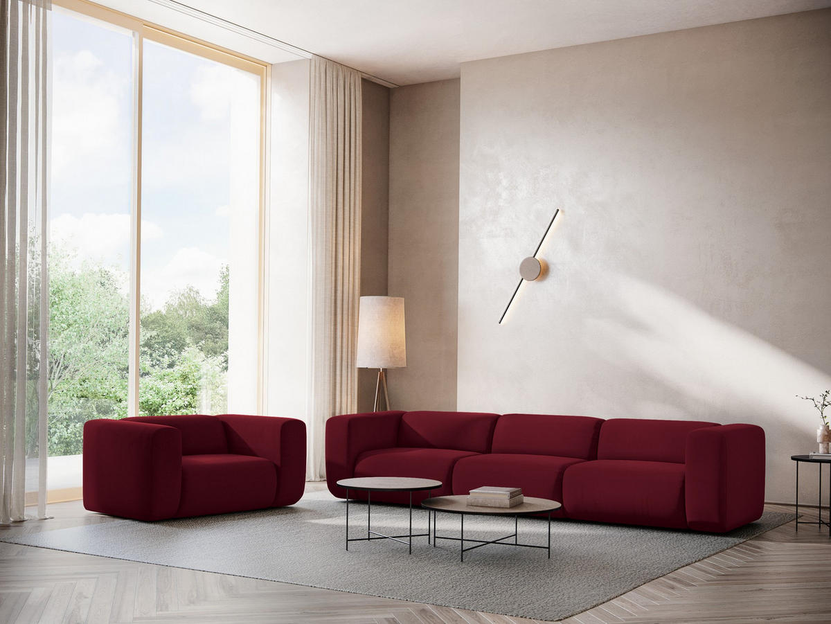 3-SITZER SOFA Samt Stoff Rot - Bordeaux/Rot, Kunststoff/Textil (228/70/89cm) - Makamii