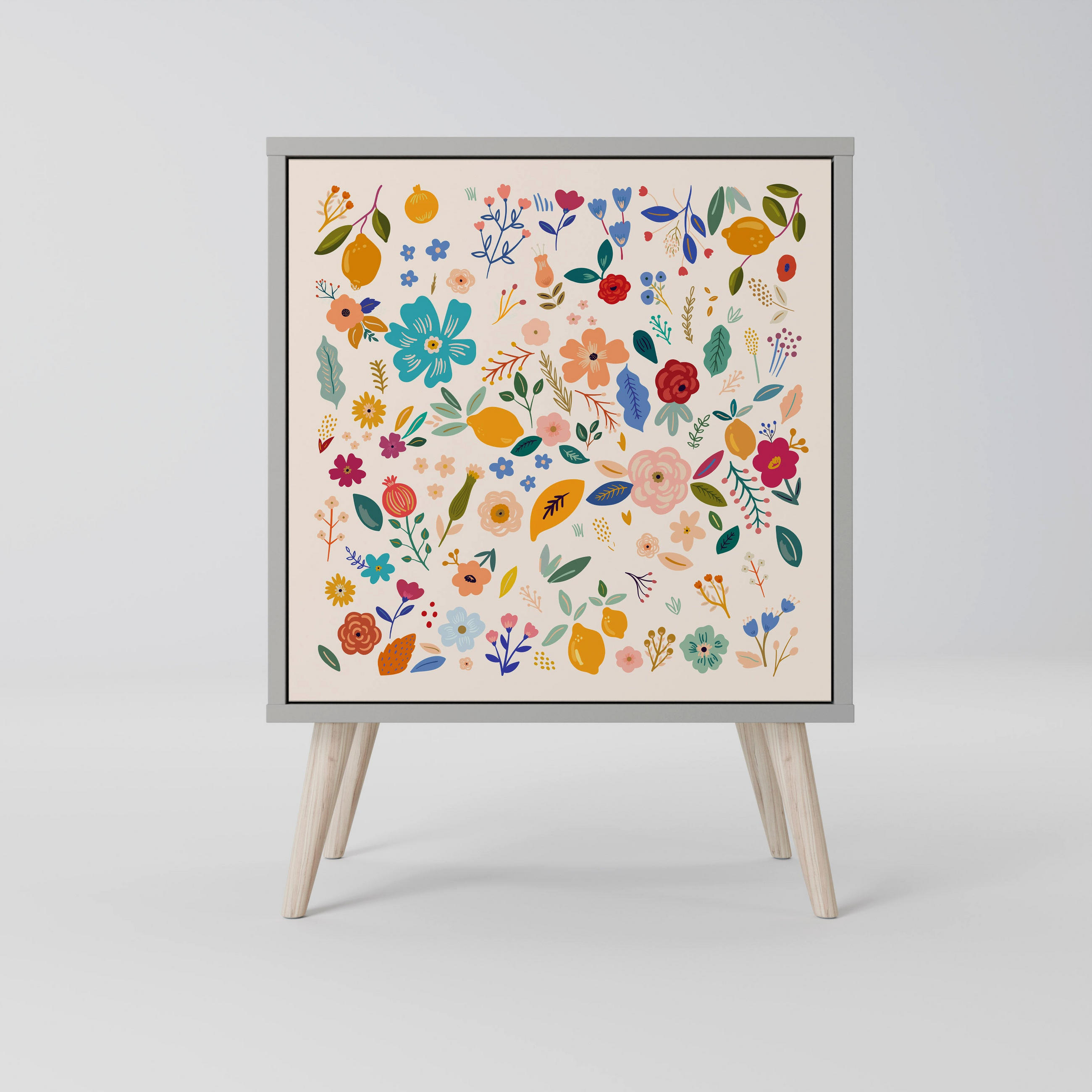 SIDEBOARD FLORAL COMBINATION, Grau, 57,5x42x77,5 cm, Schräge Buchenholzfüße - Buchefarben/Multicolor, Holzwerkstoff/Buchenholz (57.5/77.5/42cm) - SpaceRebels