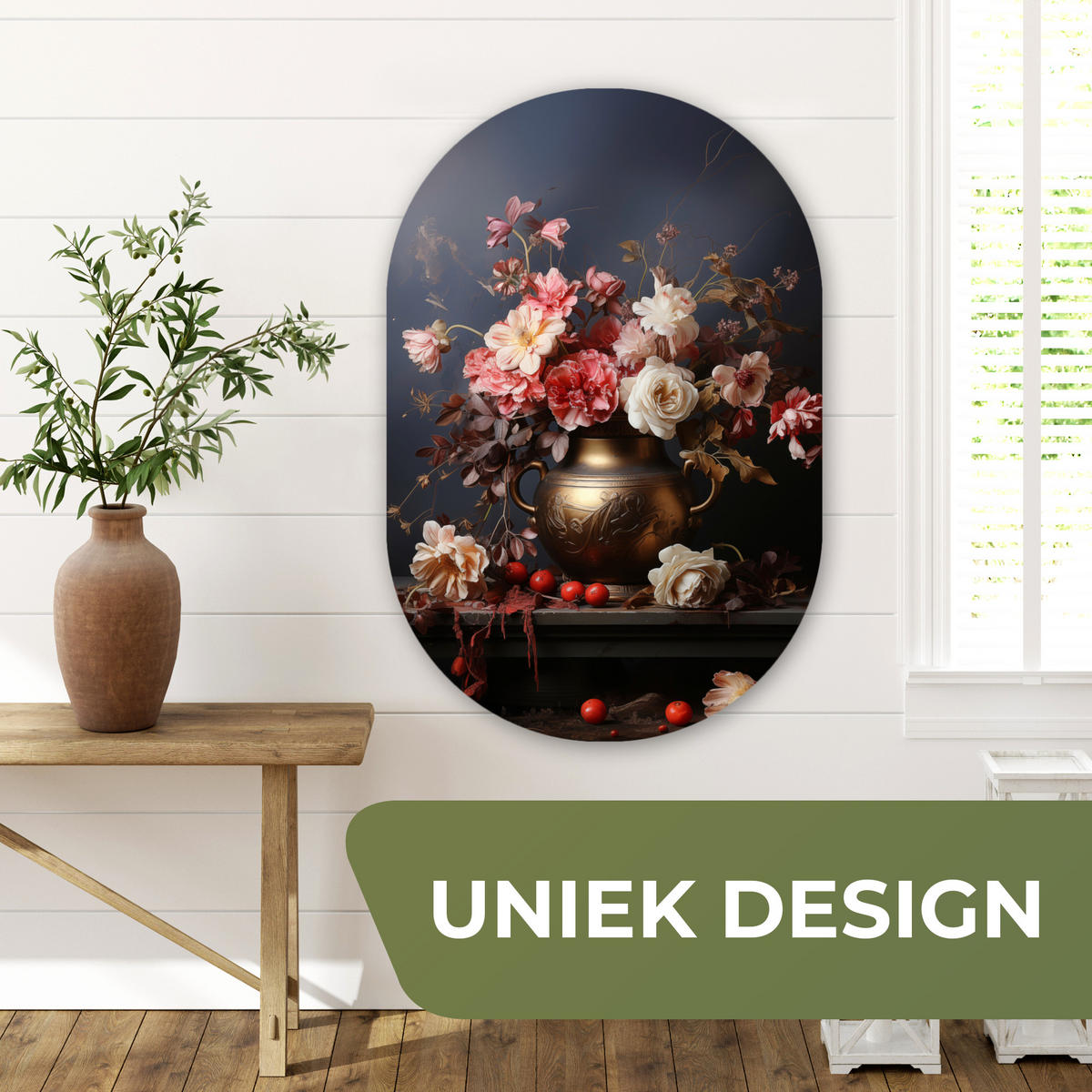 WANDBILD Stilleben - Blumen - Rosen - Blumenstrauß - Vase Wanddeko Schlafzimmer 60x90 cm - Dunkelbraun, Kunststoff (60/90cm) - MuchoWow