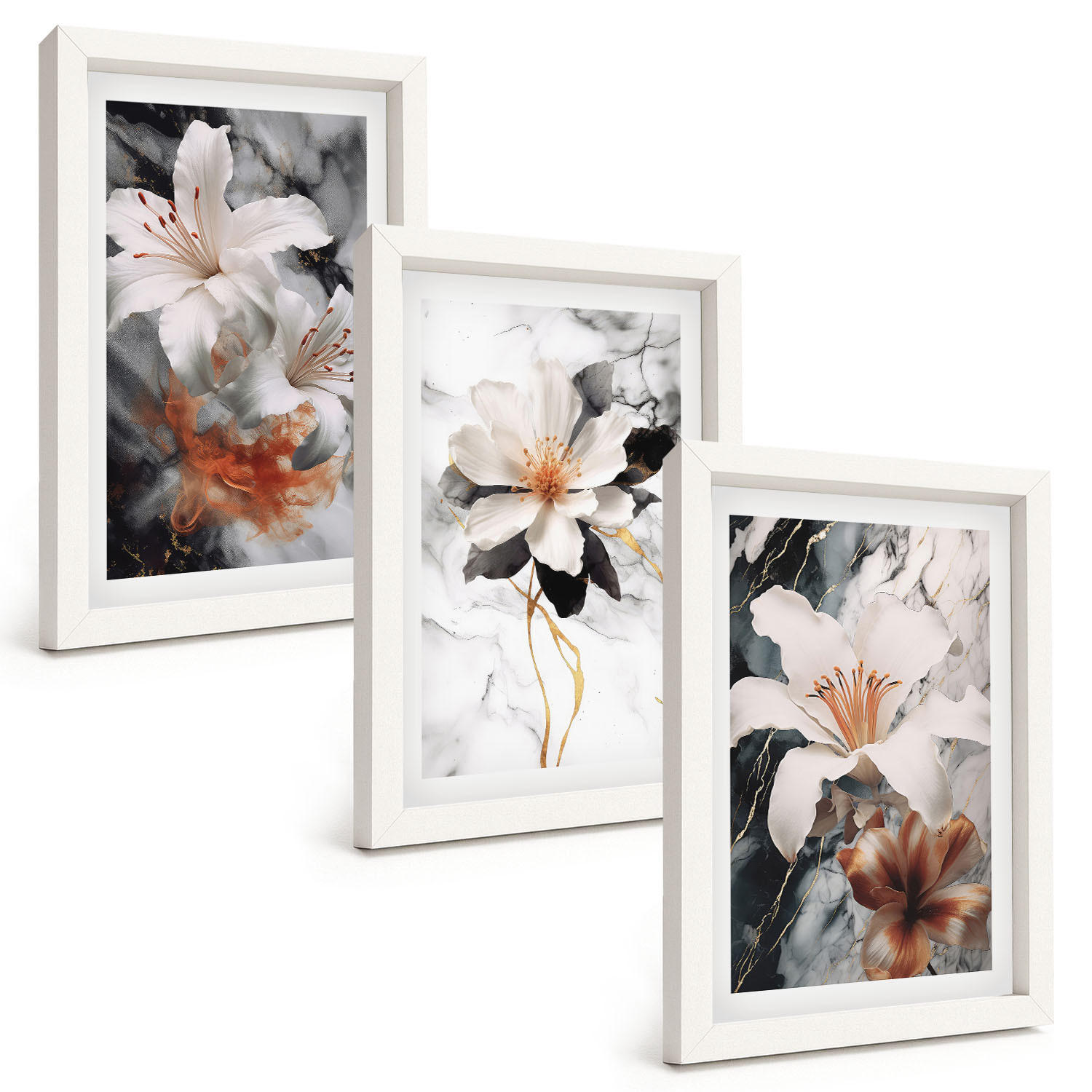 BILDER SET 3er Set - 20x30 cm Weißer Rahmen - Blumen Marmor weiß schwarz - Weiß, Kunststoff (20/30cm) - TULUP