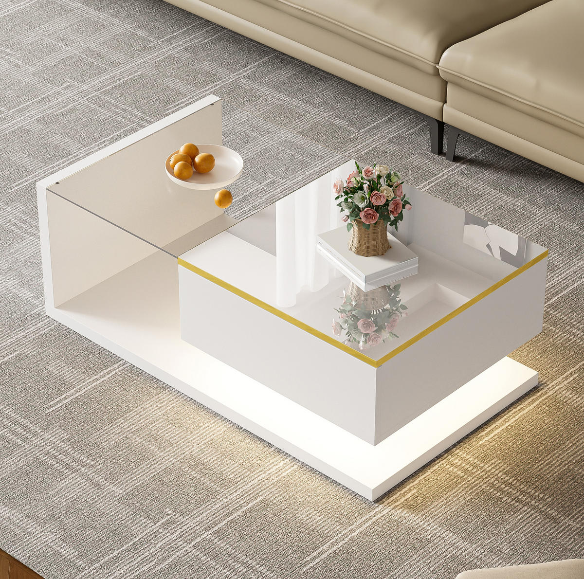 COUCHTISCH aus Spanplatte 90x50x32,5 cm Weiß mit Glasplatte, Stauraum und LED-Beleuchtung - Weiß, Holzwerkstoff (90/50/32.5cm) - IVMEU