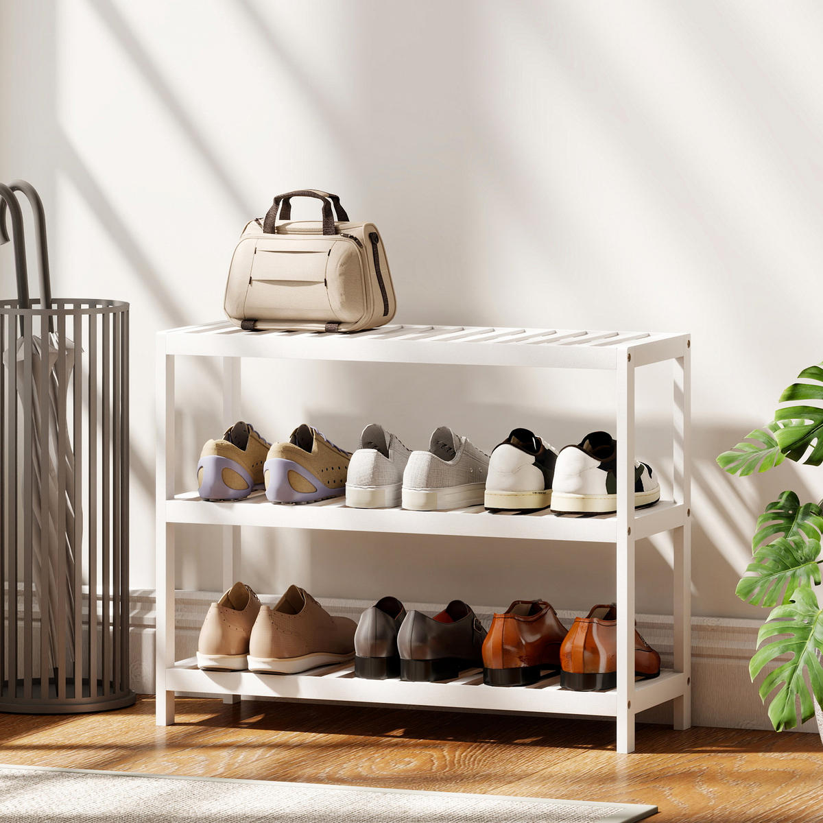 SCHUHREGAL mit 3 Ebenen, Schuhablage aus Bambus, Schuhständer für 9 Paar Schuhe - Weiß, Holz/Bambusholz (26/55/70cm) - HOMCOM