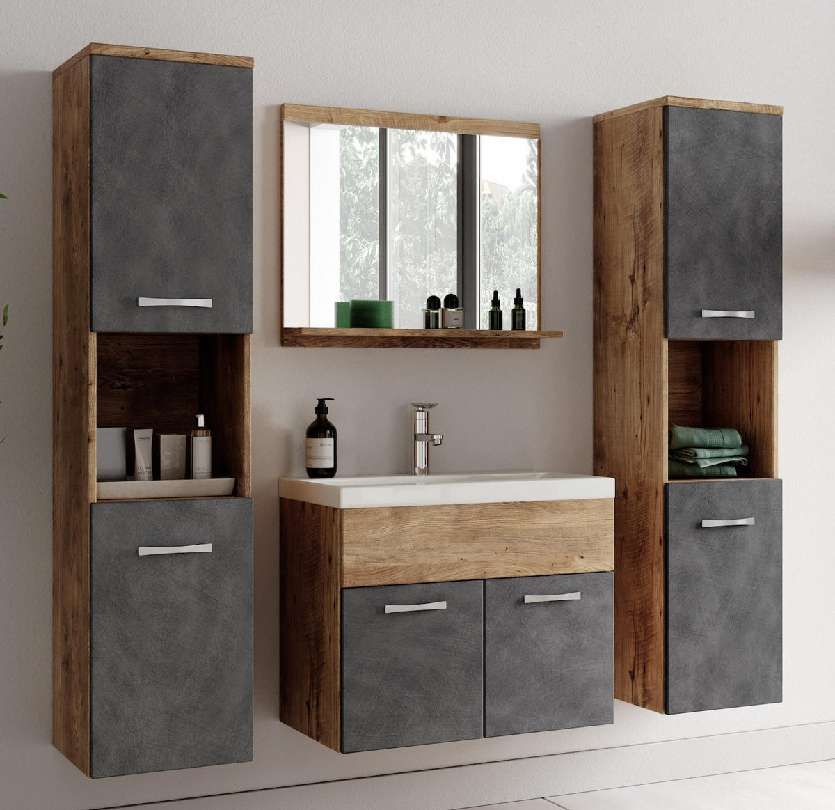 BADMÖBEL-SET Montreal 5 Teile Kastanien Eiche / Grau - 60 x 35 x 51 cm - Chromfarben/Dunkelgrau, Holz/Metall (60/51/35cm) - Badplaats