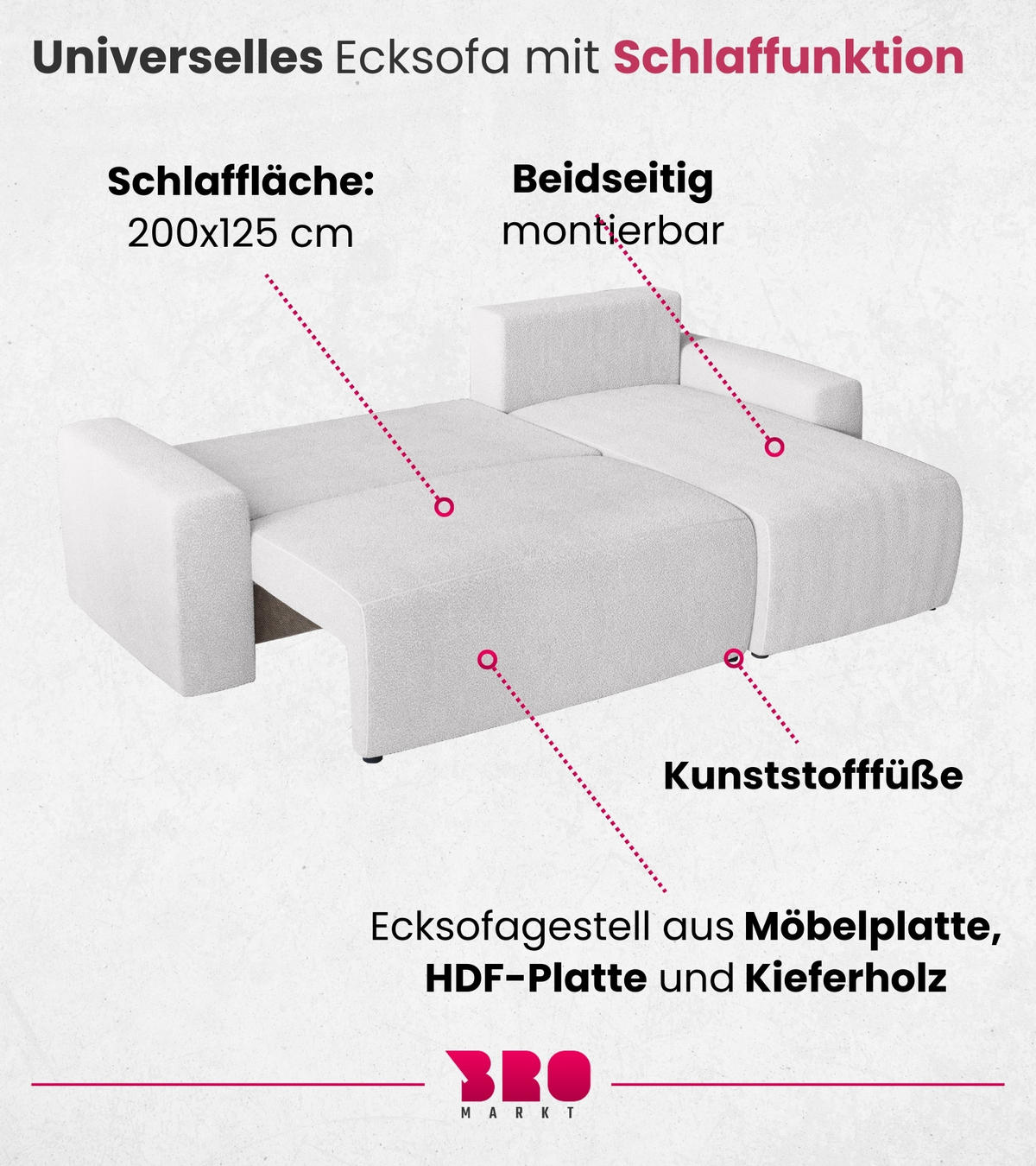 ECKSOFA PLUSH mit Schlaffunktion Hellgrau Boucle - Silberfarben, Textil (240/145cm) - Bromarkt