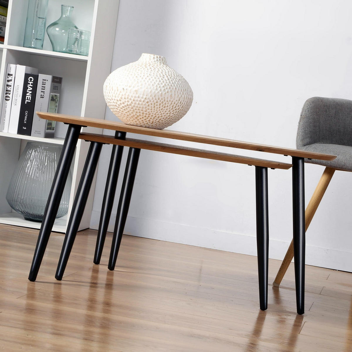 TISCH ineinander 2er-Set mit Metallbeinen 80/60/42 cm - Eschefarben, Holzwerkstoff (80/60/42cm) - Calicosy