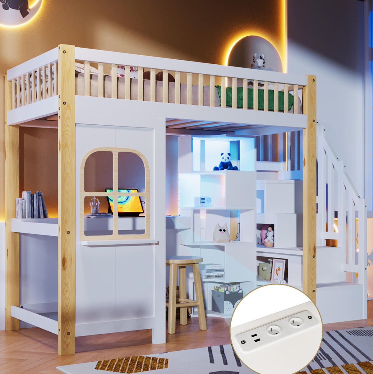 HOCHBETT 90/200 cm mit LED-Leuchten und Schreibtisch in Weiß und Natur - Weiß, Holz (140/200cm) - OKWISH